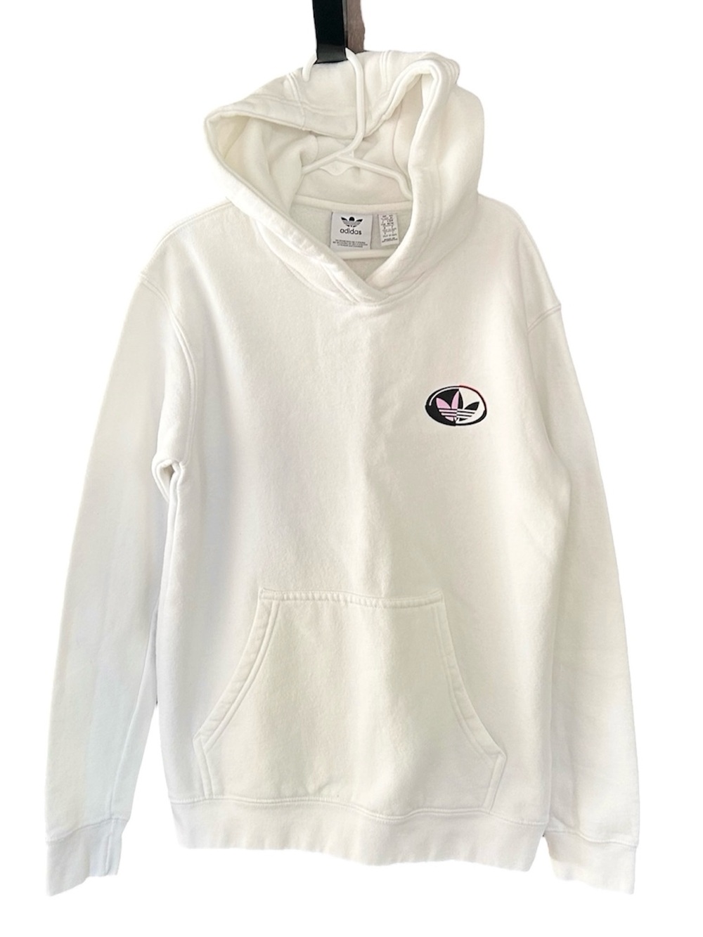 Adidas White Graphic Sweatshirt Hoodie Kangaroo Pocket Crew Cuffs Hem M - 11/12